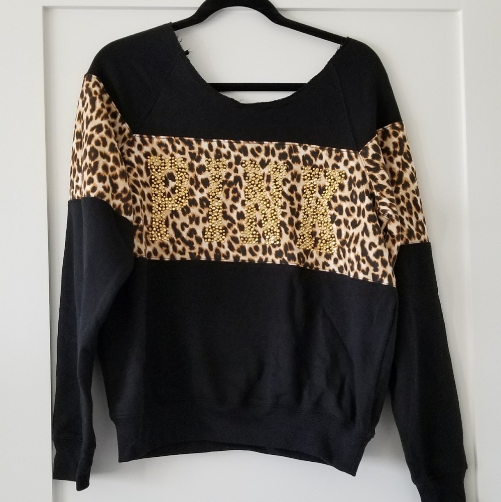 PINK Gold Rhinestone Leopard Print Sweatshirt